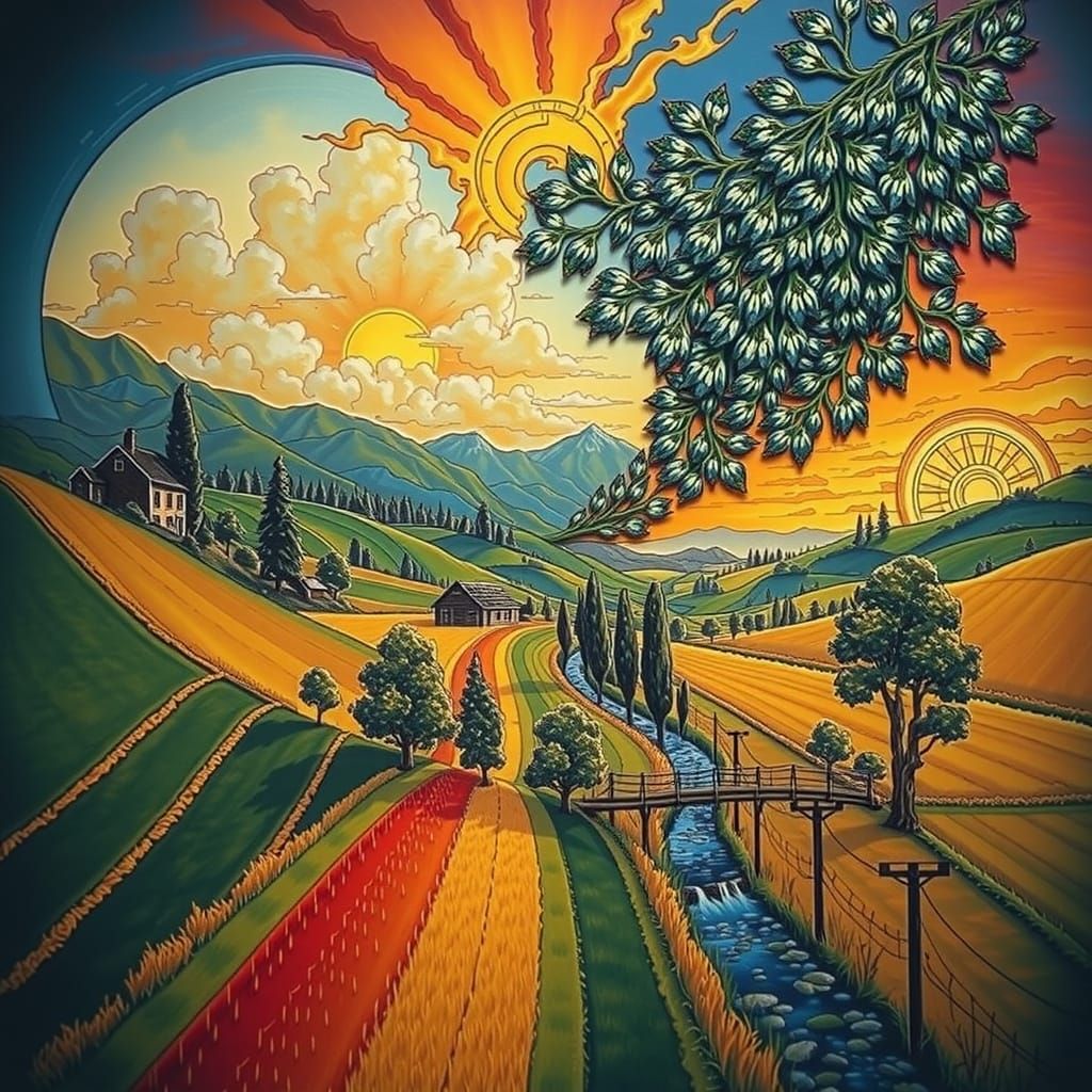 Golden Hour Landscape with Wheat Fields and Mountains