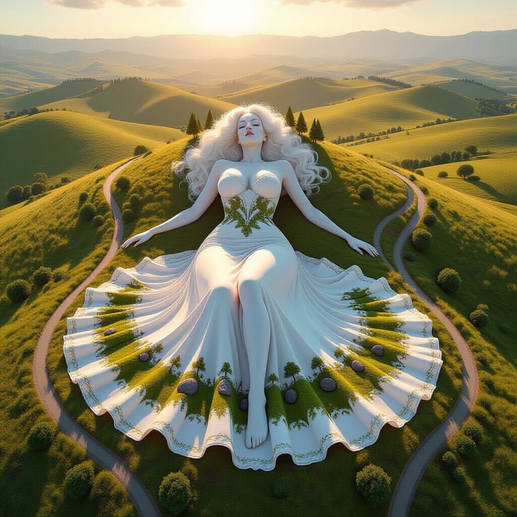 Surreal Landscape: Albino Woman Merging with Nature