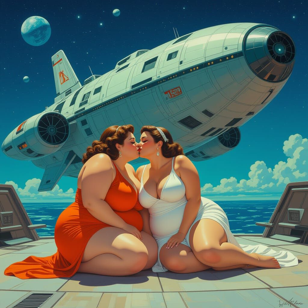 Futuristic Spaceship Crash with Kissing Ladies