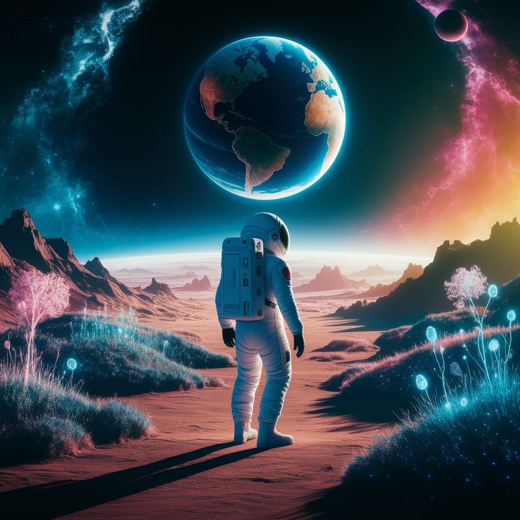 Lone Astronaut on Terraformed Planet in Cosmic Art Style
