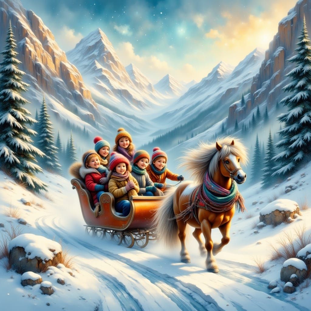 Pony Sleigh Ride with Joyful Children in Snowy Mountains