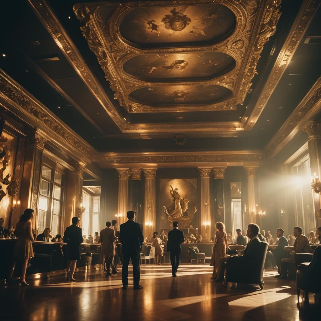 Gods Socializing in Opulent Lounge: Cinematic Film Still