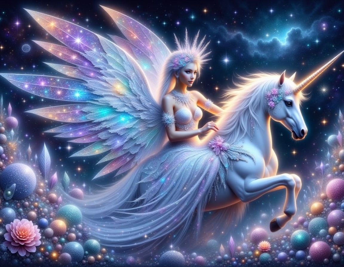 Bioluminescent Fairy Riding Unicorn in Ethereal World