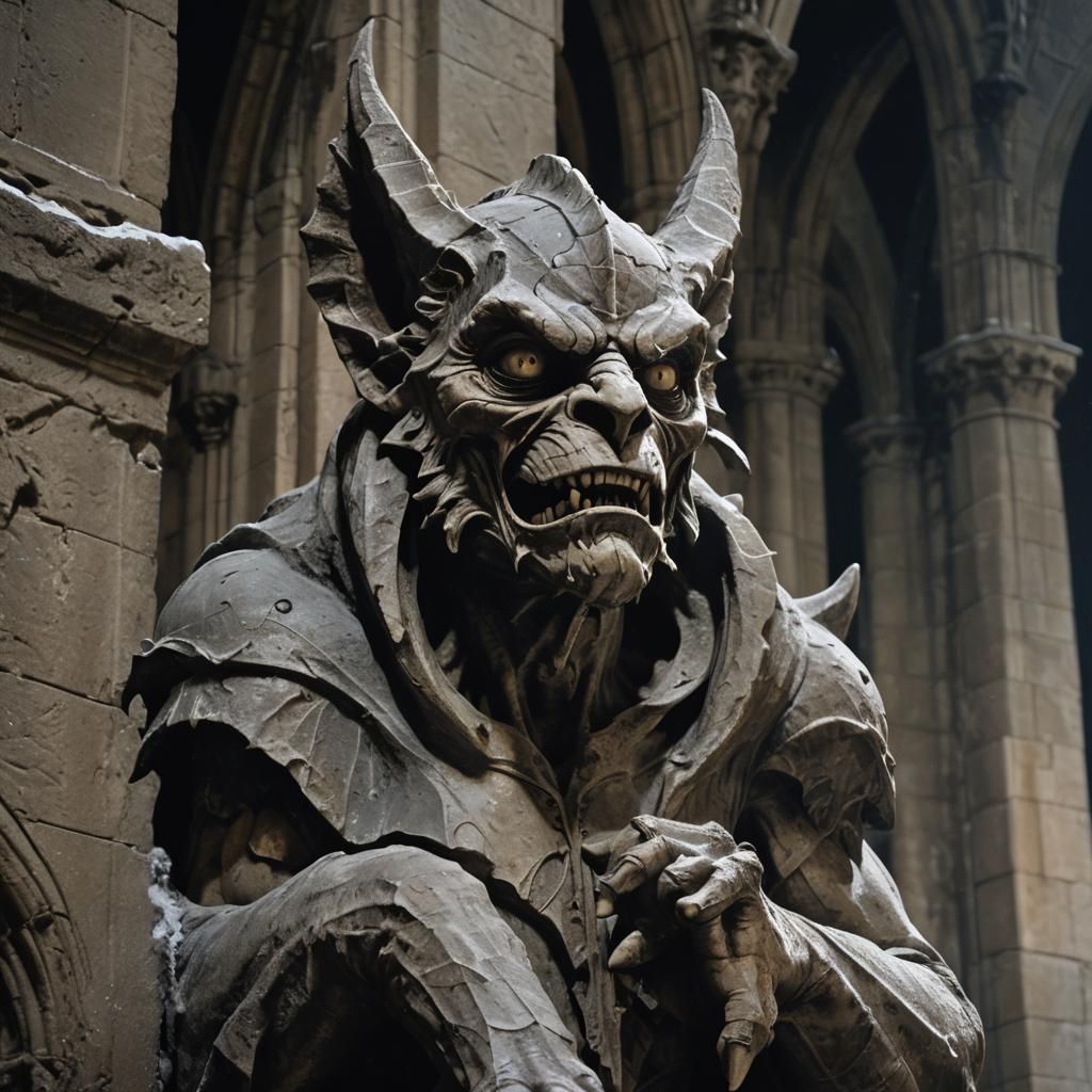 Gargoyle Awakens in Gothic Cathedral Sculpture