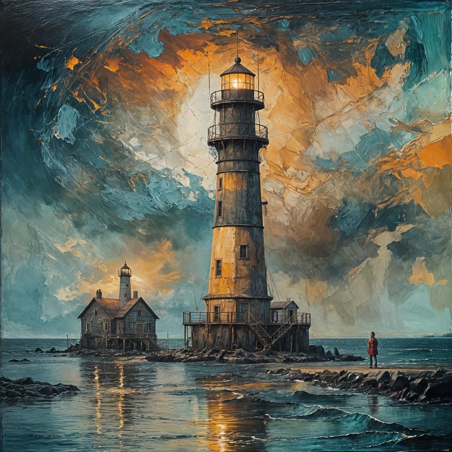 Lighthouse at Sunset: Abstract Expressionist Oil Painting