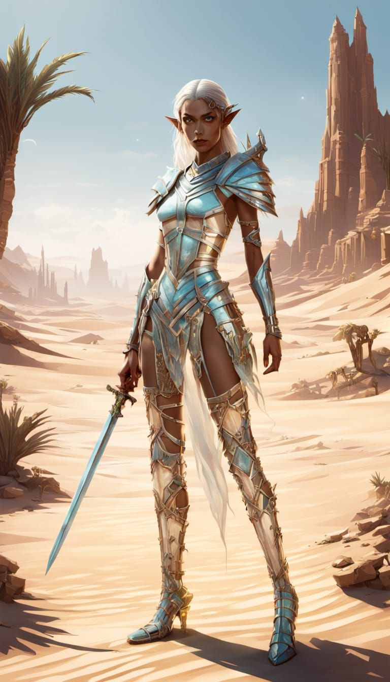 Elf Warrior in Glass Exoskeleton in Desert Oasis