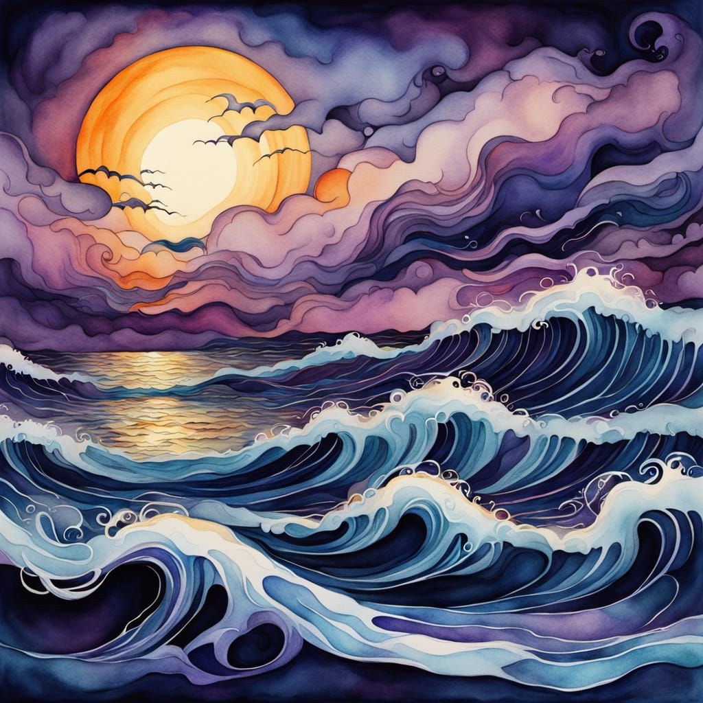Mystical Sunset Sea in Whimsical Gothic Style