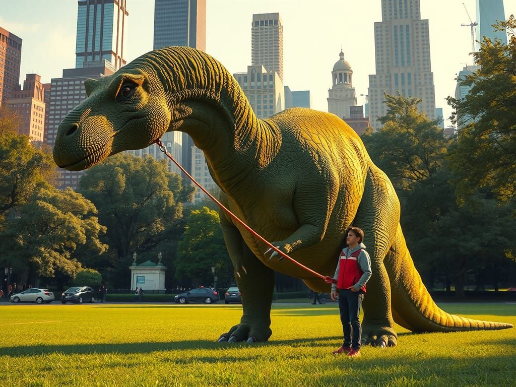 Surreal Brontosaurus Strolls Through Urban Landscape