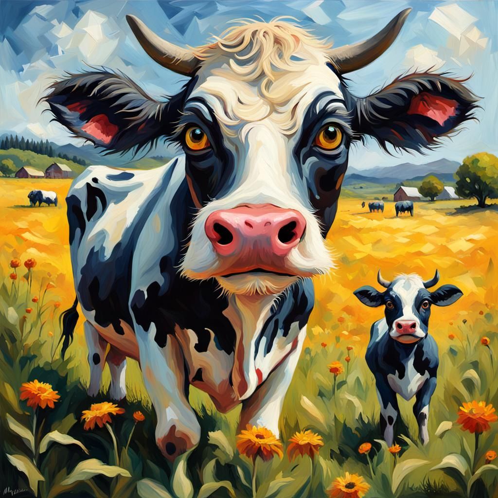 Adorable Cow with Mustache as Impasto Oil Painting