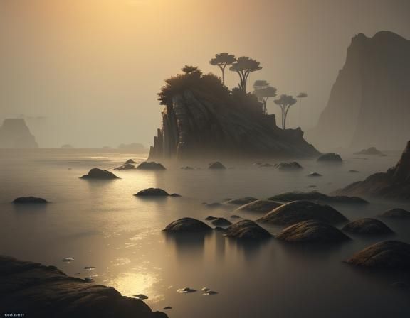 Female Amphibioid on Misty Shore in Pastel Colors