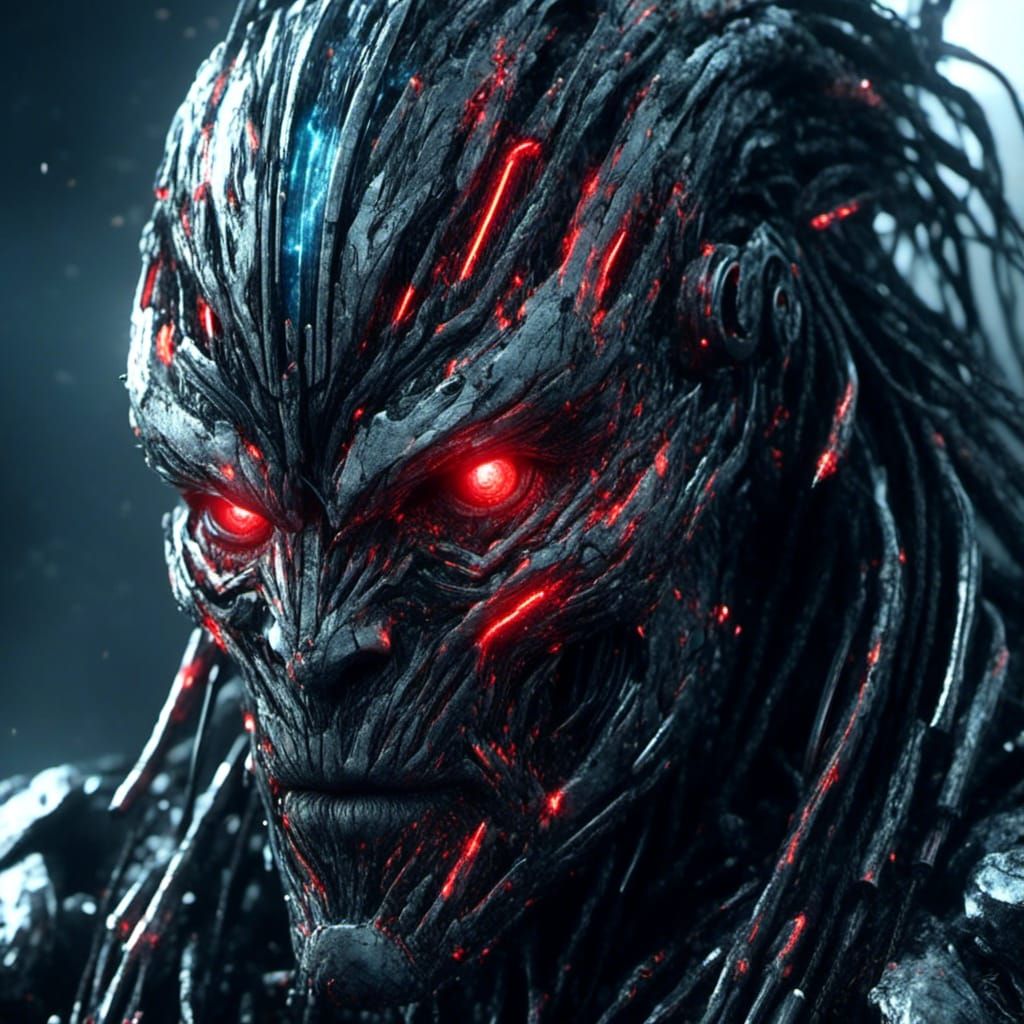 Cyberpunk Robot Close-up with Red Eyes in Heavy Metal Style