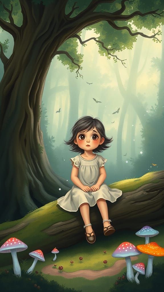 Enchanted Forest Girl Sitting on Log in Storybook Style
