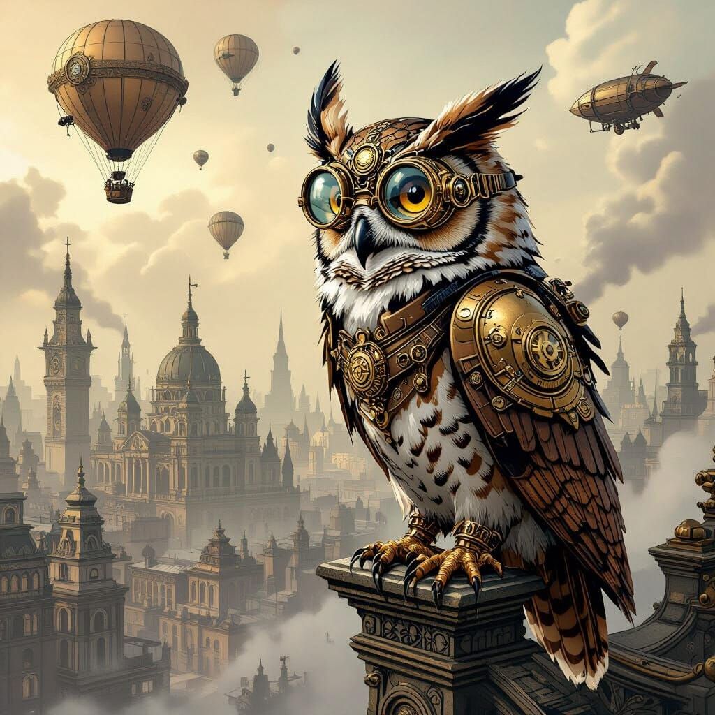 Steampunk Owl Over Victorian City in Comic Art Style