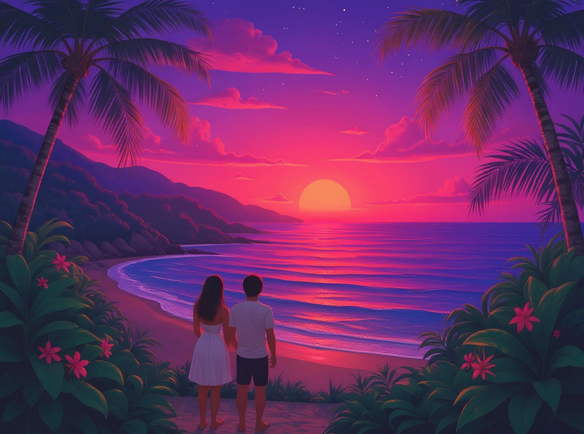 Island Sunset with Two Silhouettes in Oil Painting Style