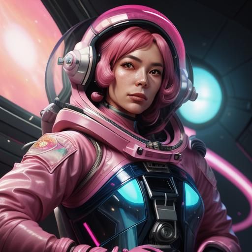 Pink Astronaut Surrounded by Aliens: Hyperdetailed Portrait