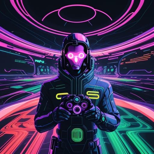 Retro-Futuristic Gamer Surrounded by Cyberpunk Patterns