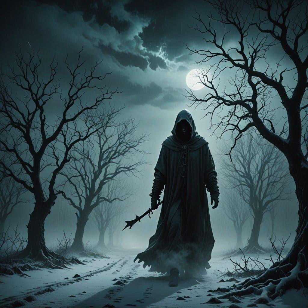 Ethereal Celestial Spirit in a Snowy, Desolate Landscape