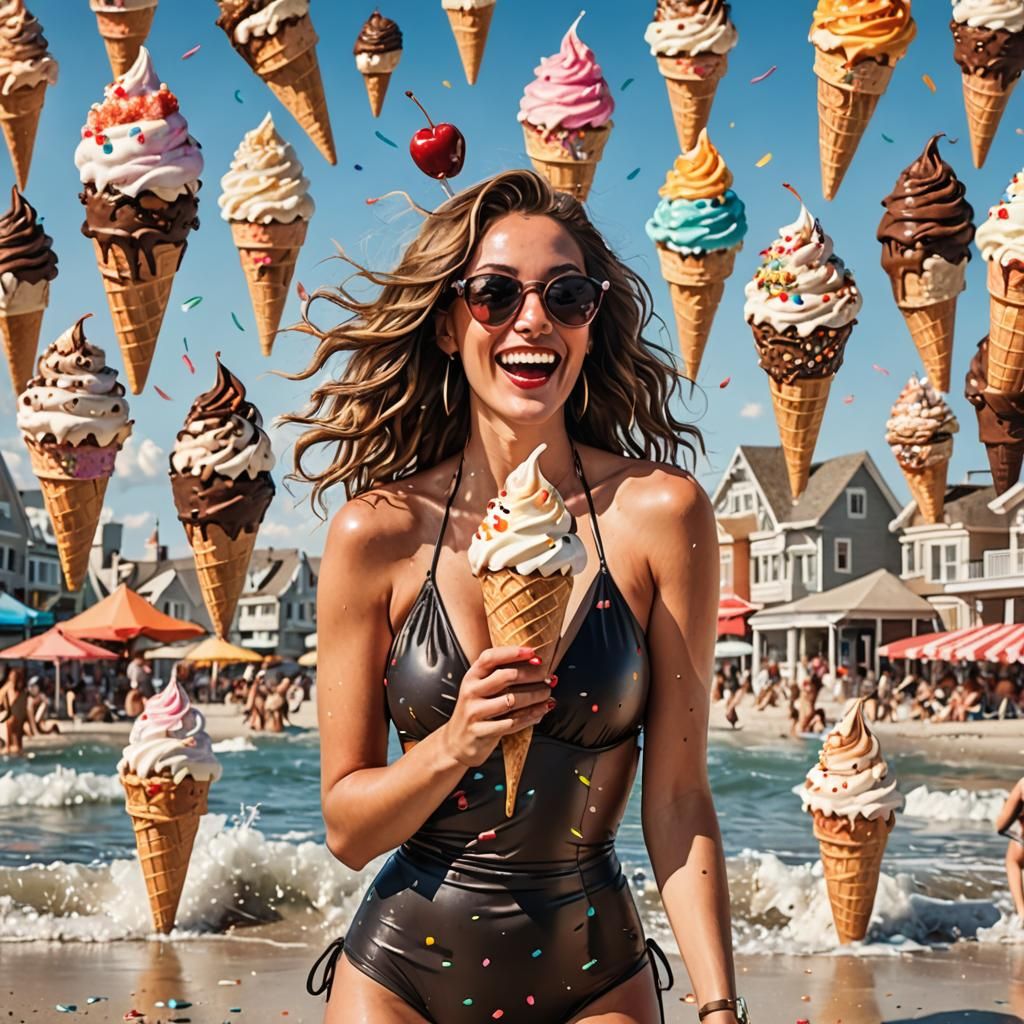 Woman Enjoys Ice Cream on Bustling Beach