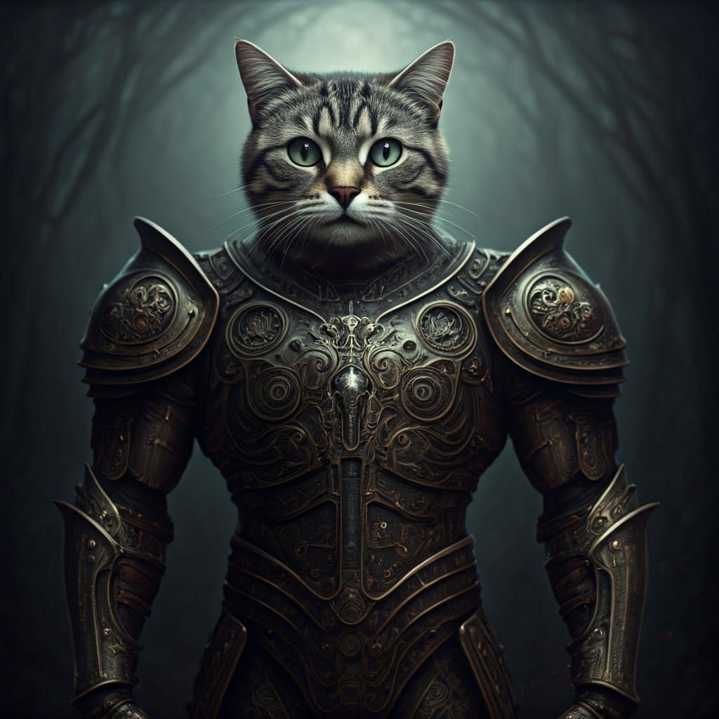 Gothic Feline Warrior in Macabre Armor