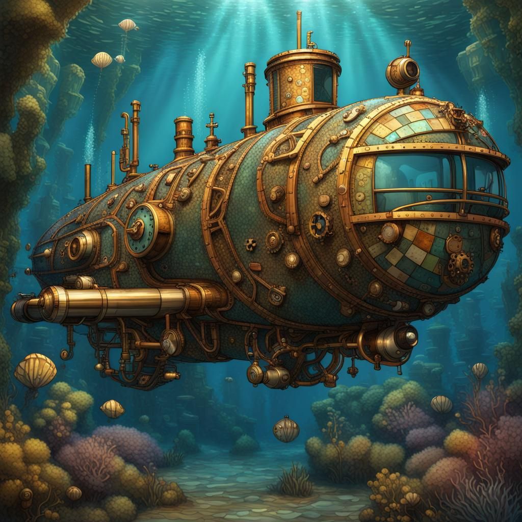 Underwater Steampunk Submarine Mosaic Art