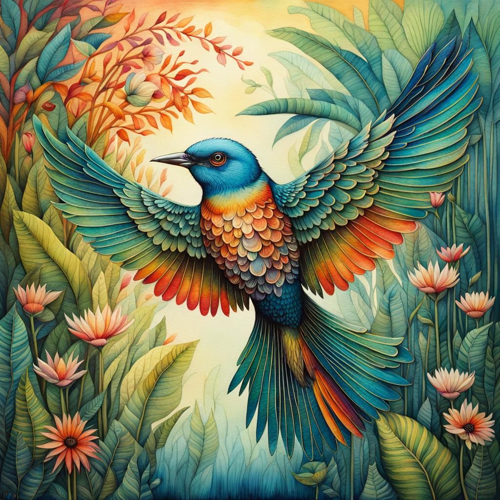 Colorful Bird in Paradise: Art Brut Illustration