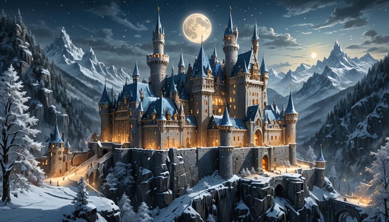 Snowy Castle in Moonlit Forest: Fantasy Concept Art