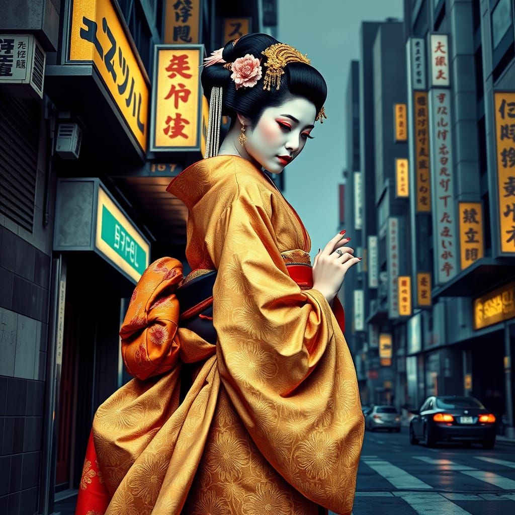 Geisha in Golden Kimono with Abstract Cubist Elements