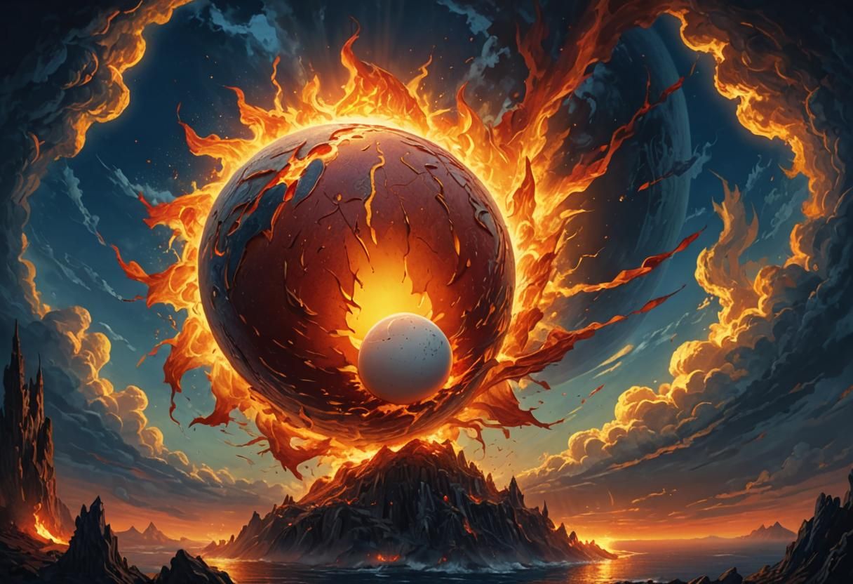 Fiery Sun and Giant Egg in Fantasy Art