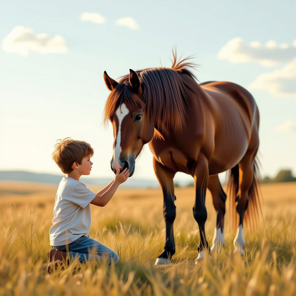 Boy and Wild Horse in Field, Digital Painting