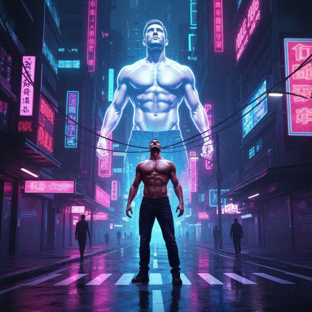Muscular Man Gazes at Hologram in Neon Cyberpunk City