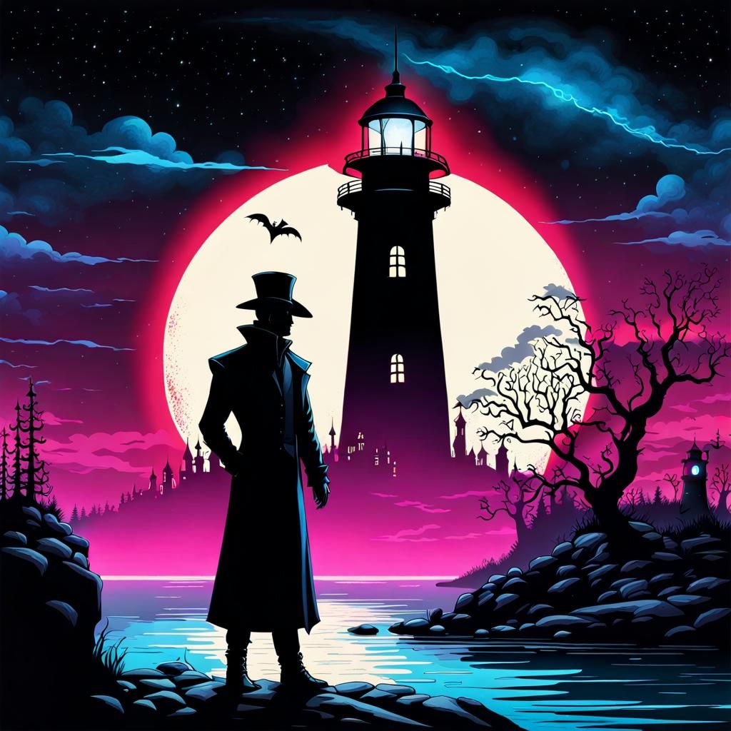 Vampire Before Lighthouse in Aurora Borealis Skyline