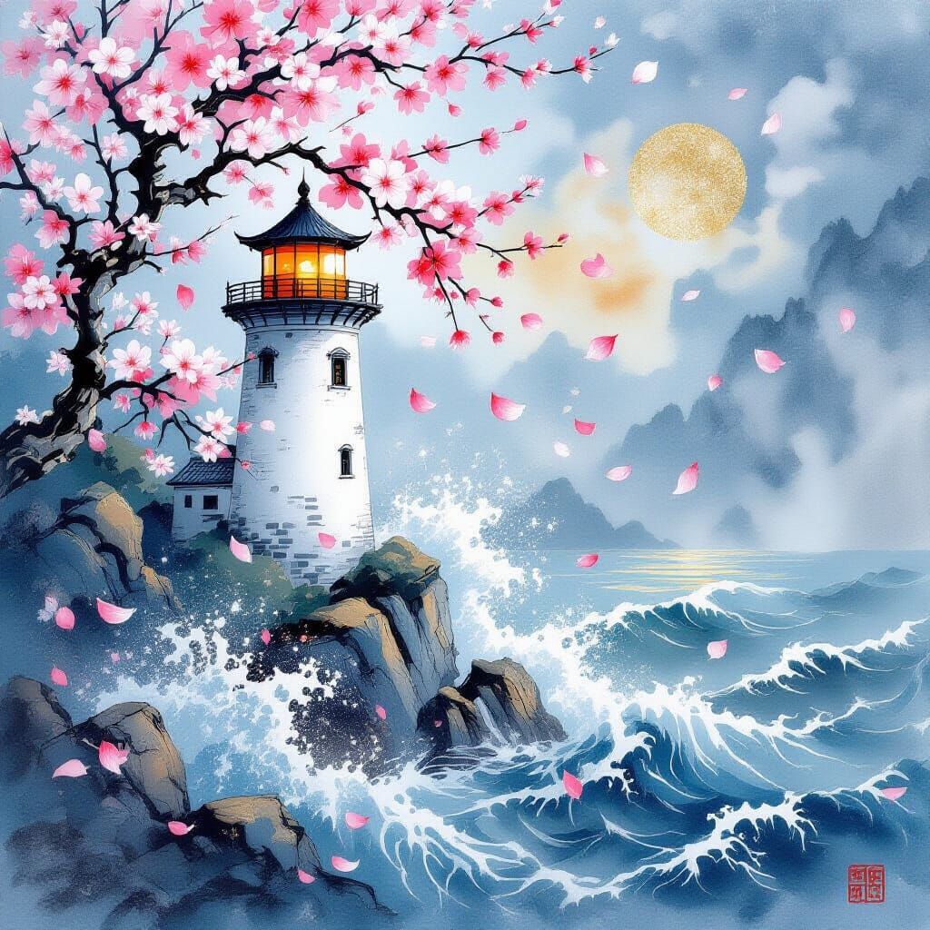 Lighthouse in Stormy Sea: Chinese Painting Style