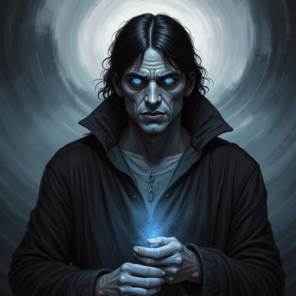 Pale Man with Piercing Blue Eyes in Dark Fantasy Art