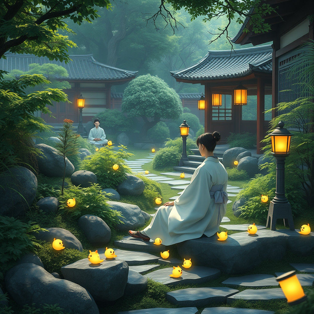 Androids and Forest Spirits in Japanese Garden