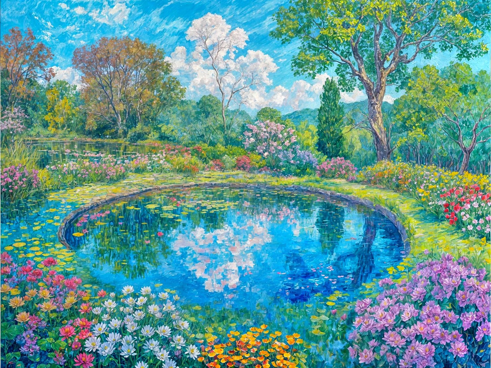 Calm Pond Amidst Vibrant Blooming Gardens