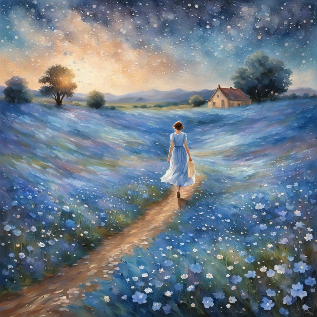 Woman in Nemophila Field at Twilight, Impressionist Style
