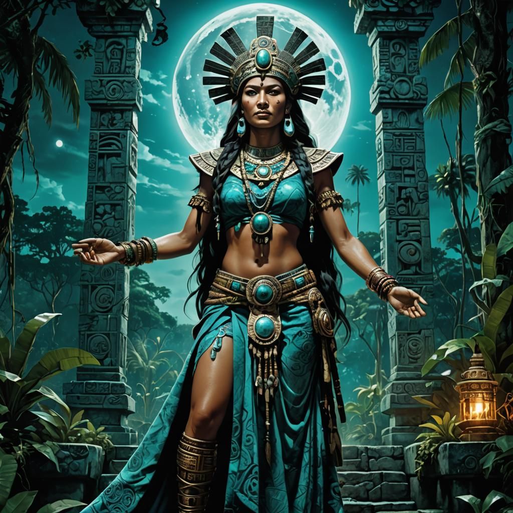 Mayan Priestess in Prehistoric Jungle, Photorealistic Art