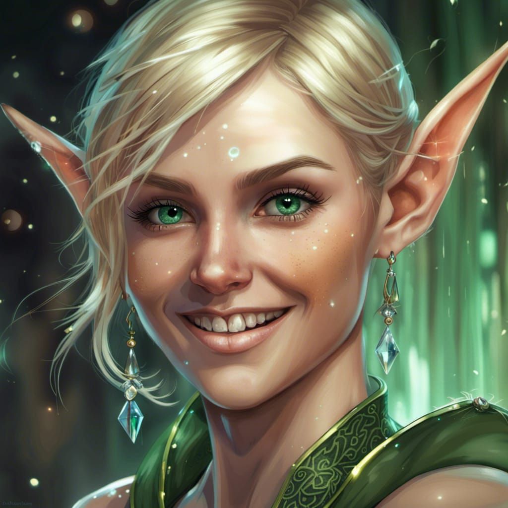 Hyperrealistic Elf Woman Portrait with Sparkling Eyes