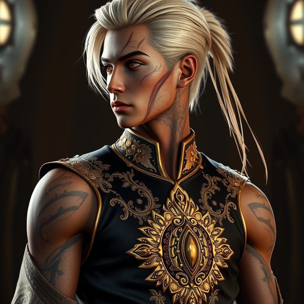 Regal Young Warrior with Golden and Blackish-Red Eyes