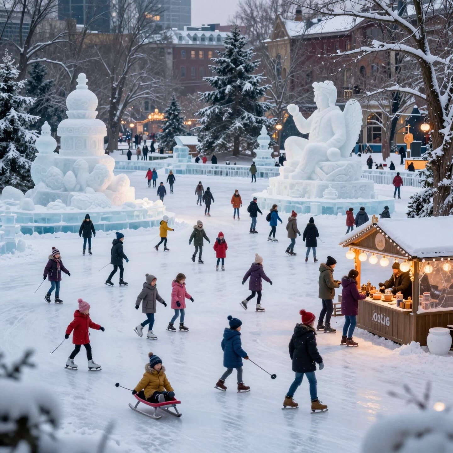 Magical Winter City Park Scene with Children Playing