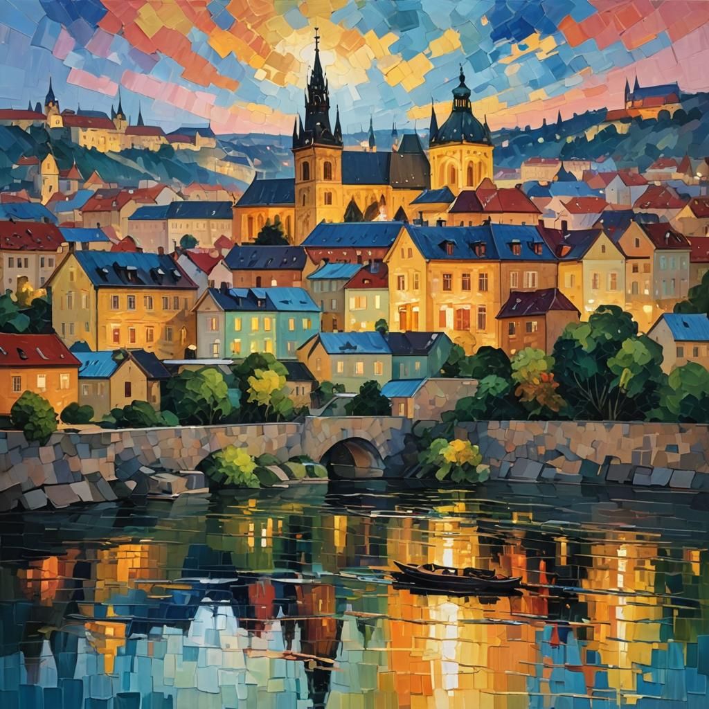 Luxury Villa in Prague: Neo-Impressionist Oil Painting