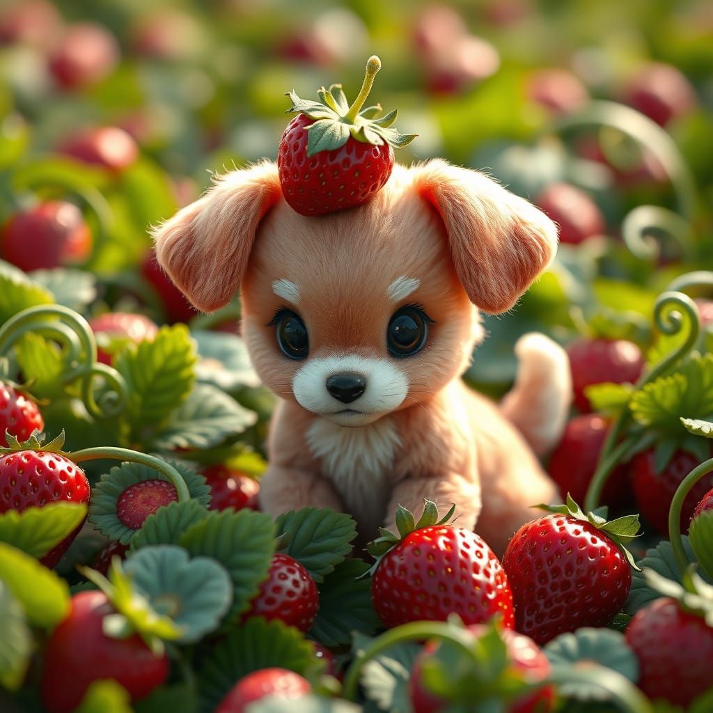 Whimsical Puppy Amidst Strawberry Bloom