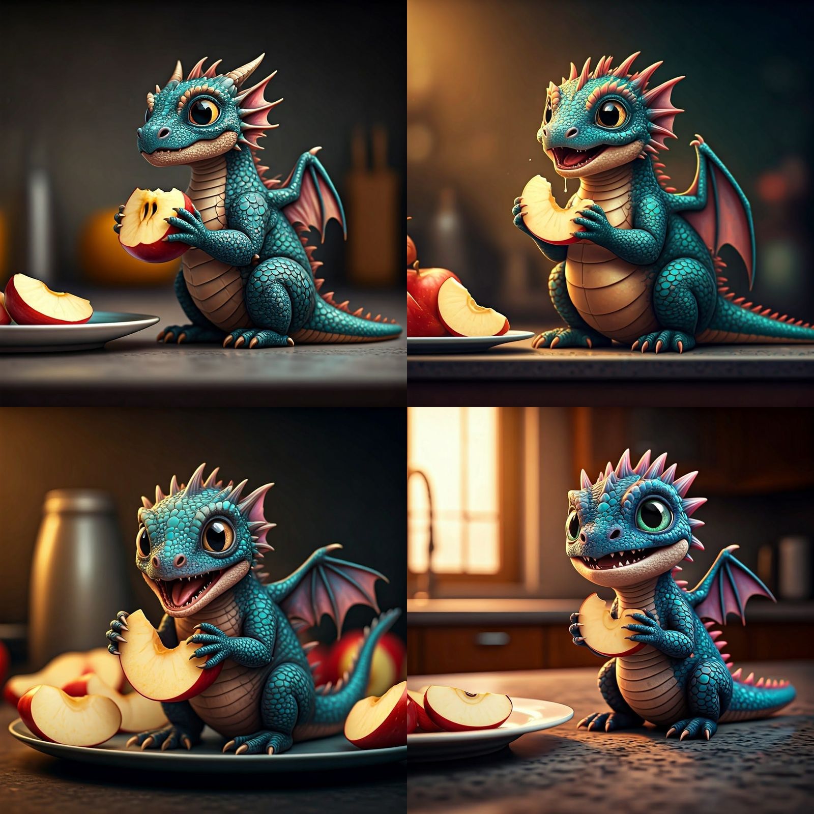Cute Photorealistic Baby Dragon Enjoying Apple Slice