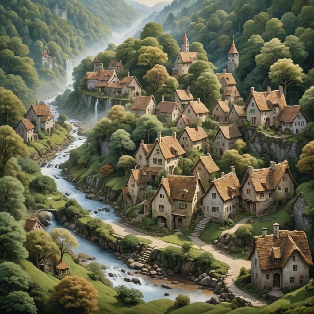 Whimsical Surreal Village Scene in Natural Light