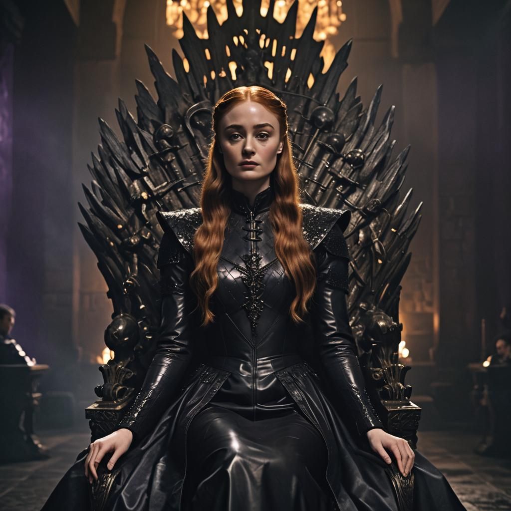 Sophie Turner as Regal Queen Sansa in Dark, Muted Elegance