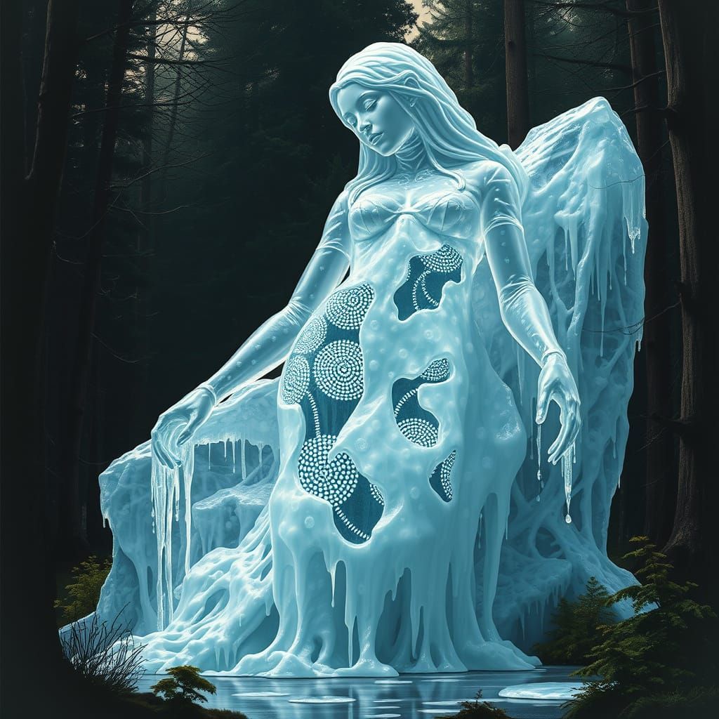 Melting Ice Sculpture in Forest, Klimt-Inspired