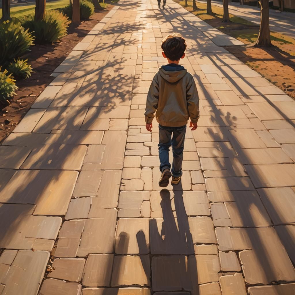 Boy Walking Towards Sunlight in Impressionistic Style