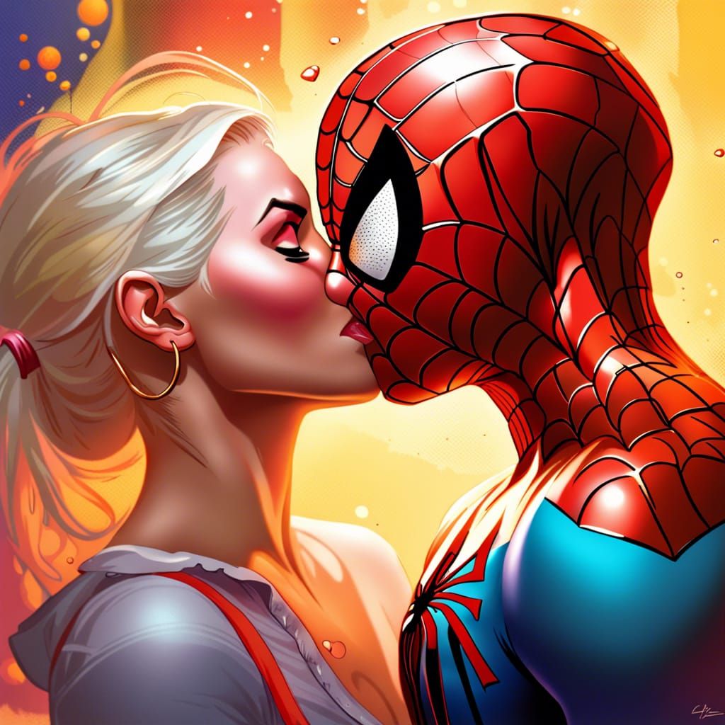 Gwen and Spiderman Kissing in Hyperrealistic Splash Art