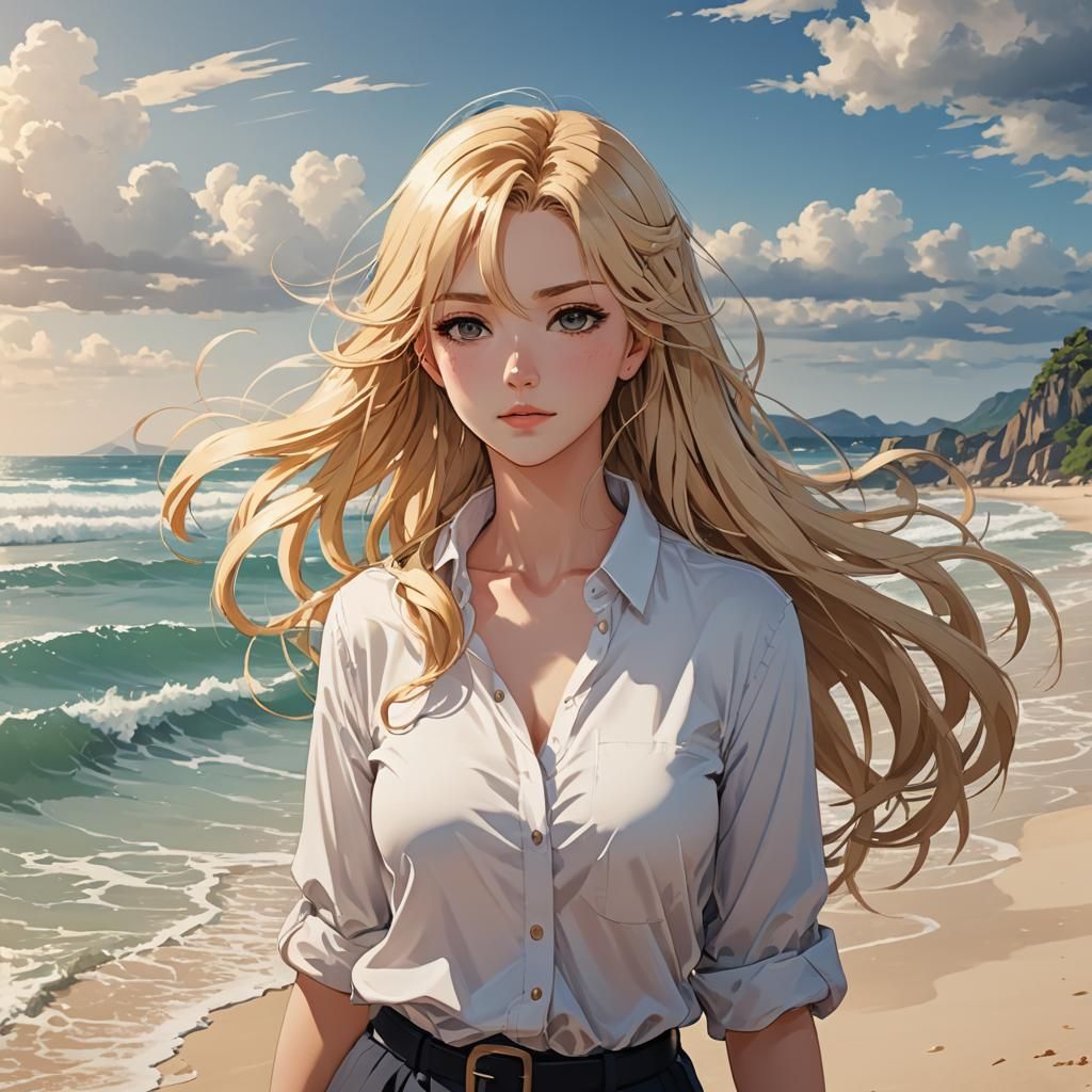 Blond Girl on Beach in Anime Style