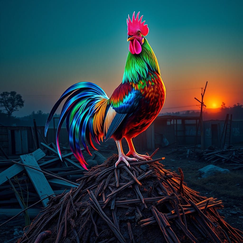 Vibrant Rooster in Neon Rastafarian Hues Amidst Rural Decay